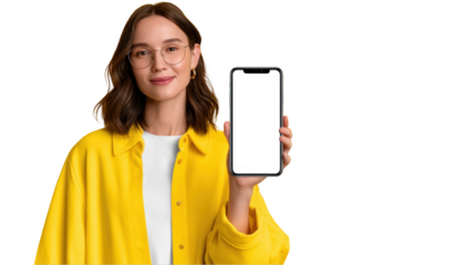 Woman in yellow jacket holding smartphone isolated on transparent background