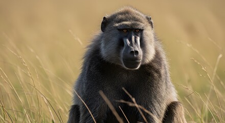 Powerful Hamadryas Baboon in African Savanna Grassland