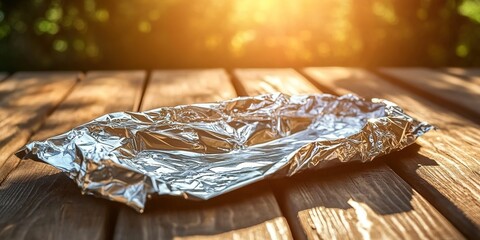 Foil Wrapper on Wooden Surface with Sunlight