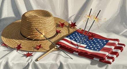 Patriotic Summer Still Life: Straw Hat, American Flag, and Sparklers