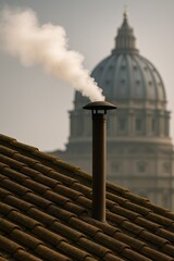 Chimney Emitting White Smoke with St. Peter's Basilica Dome in Background

