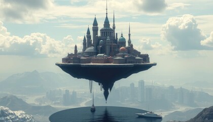 Fantasy floating city with boats, futuristic dreamscape concept