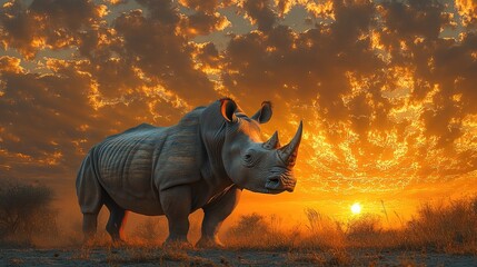 Fototapeta premium Majestic white rhino at sunset. A powerful, large rhino stands in a savanna landscape, bathed in the warm hues of a vibrant sunset. Clouds fill the sky in fiery oranges and yellows