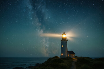 Lighthouse beaming against Milky Way at night.