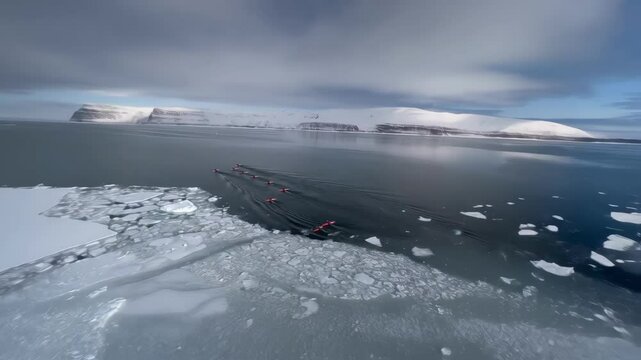 An aerial perspective of a swarm of saildrones in a coordinated pattern skillfully mapping the complex meler fronts and creating a dynamic contrast against the stark white ice landscape.