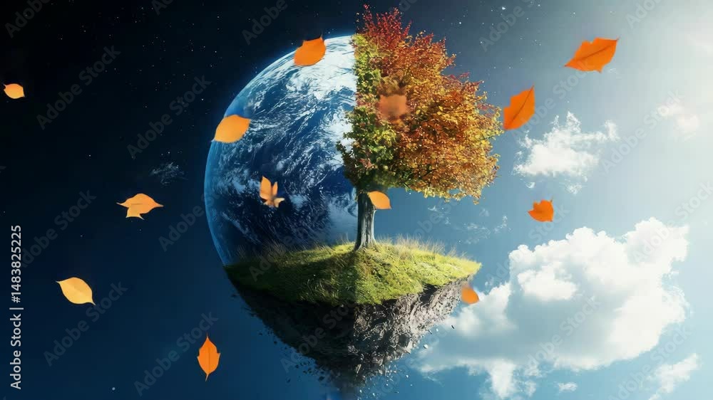 Aufkleber a tree is growing on top of a planet. the tree is in the middle of the planet and has leaves that ar