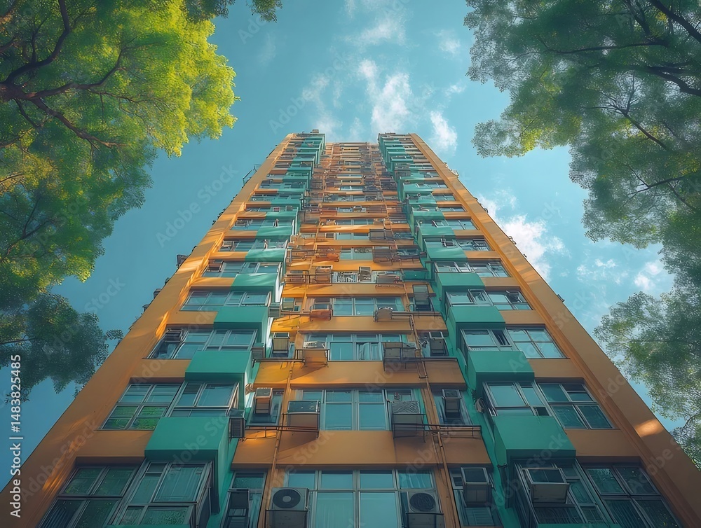 Poster 空と緑豊かな木々に囲まれた現代的な黄色の高層ビルは、都市景観を鮮やかな色合いで捉え、建築の高さと自然の美しさを強調しています