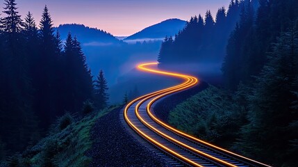 Train Tracks Winding Through Misty Mountain Forest at Night