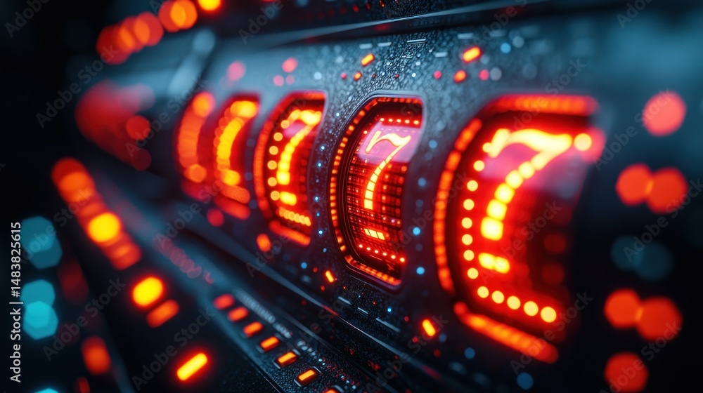 Poster illuminated display showing repeating sevens on a dark surface