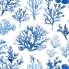 Oceanic coral pattern.  Intricate watercolor designs of various shades of blue coral, on a white background.  Detailed depictions of branching structures and textures