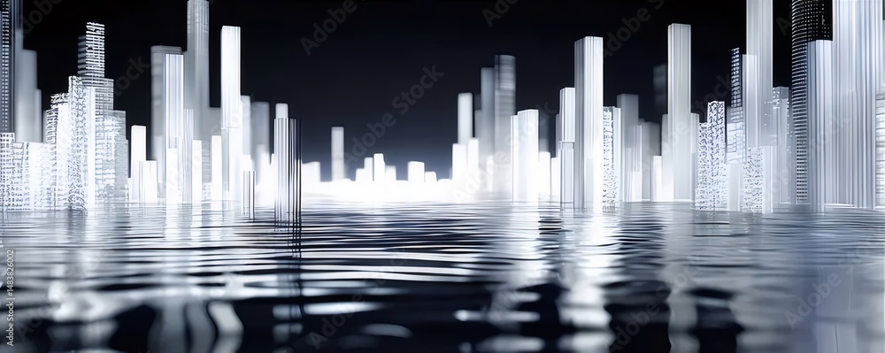 Poster 水面に反射する都市景観の抽象的な風景 白と黒のトーンのミニマルな幾何学的デザインが未来的な印象を与えるビジネス背景