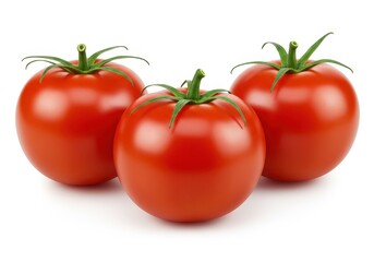 Three ripe red tomatoes with green stems and leaves on a white background