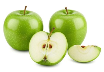 Two whole green apples with a half and a slice on a white background