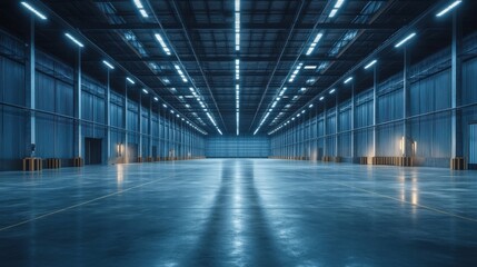 Minimalist futuristic warehouse, wide empty concrete platform, abstract lighting 
