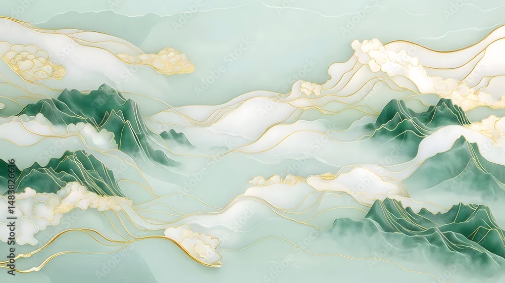 Aufkleber 水彩スタイルで描かれた金色の線が入った緑と白の抽象的な山と雲のアートワーク