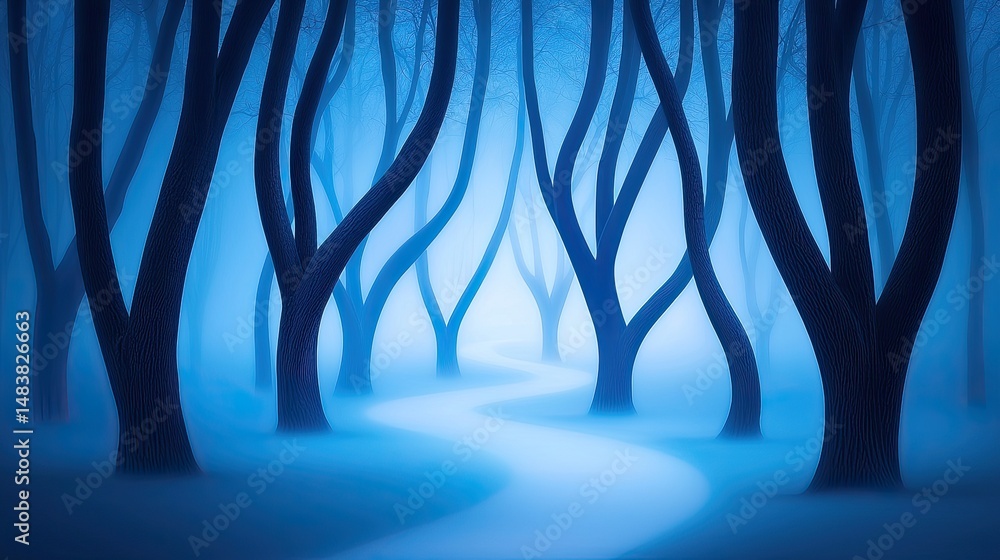 Poster Blue Mist Envelops Winding Path Through Twisted Trees