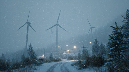 wind turbines during snowfall