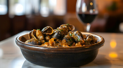 Fototapeta premium A plate of Caracoles en Salsa, Snails in Spicy Sauce, drenched in rich, spicy sauce, served in a deep ceramic bowl