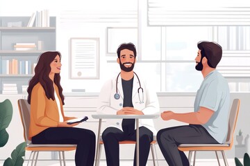 doctor woman man patient hospital care clinic couple young health female medical medicine discussion husband talking wife office family consultation happy appointment