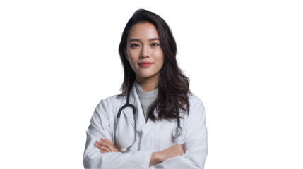 Young asian doctor with stethoscope isolated on transparent background