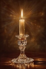Glowing candle in an ornate holder with radiant light effects.