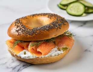 Poppy seed bagel with cream cheese, smoked salmon, and dill
