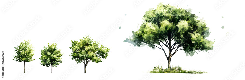 Poster a modern illustration of a tree drawn with watercolors in a minimalist style. a view from the side, 