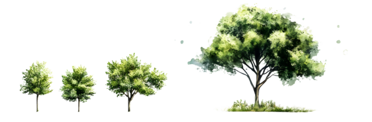 A modern illustration of a tree drawn with watercolors in a minimalist style. A view from the side, a set of graphic trees elements for architecture and landscape design.