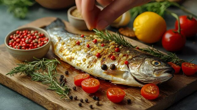 A raw uncooked seabass fish garnished with fresh herbs, cherry tomatoes, and grains on a rustic wooden board. Ready for gourmet culinary preparation