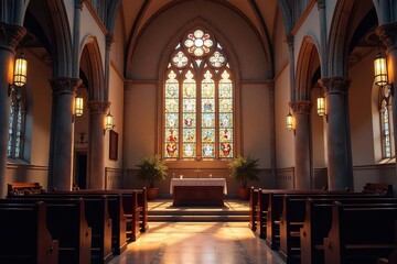 Obraz premium Serene church interior, stained glass window illuminating the altar Peaceful worship space , ornate, quiet, devotion