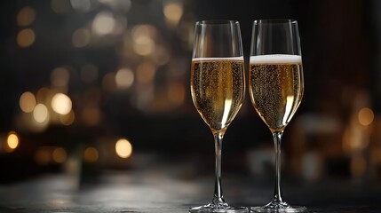 Two Champagne Glasses with Sparkling Wine Against a Bokeh Background