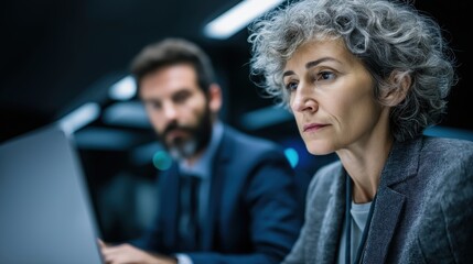 Executive managers collaborating on financial project while discussing strategies with laptop in modern office setting