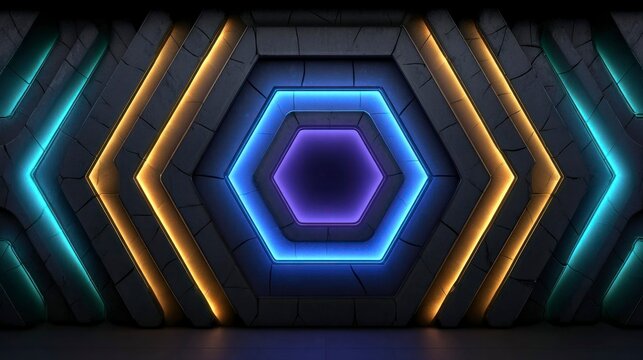 Hexagonal Neon Tunnel with Futuristic Lighting Design for Technology and SciFi Themes
