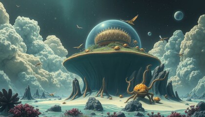 Surreal alien planet: flying island with dome, fantastic creature.