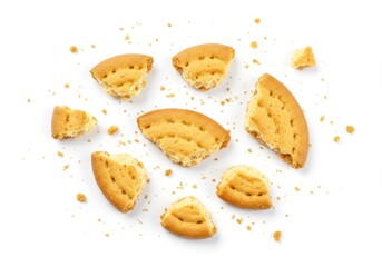 Broken shortbread cookies and crumbs scattered on a white background