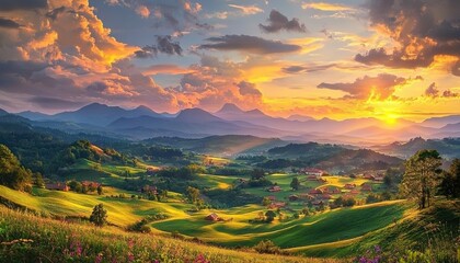 Obraz premium A picturesque sunset over a lush green valley with rolling hills and distant mountains