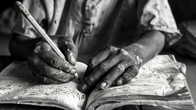 Skilled hands writing in notebook with pen closeup in black and white sequence. World Day Against Child Labour