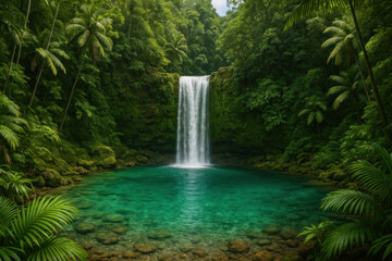 Waterfall cascading through lush green jungle.