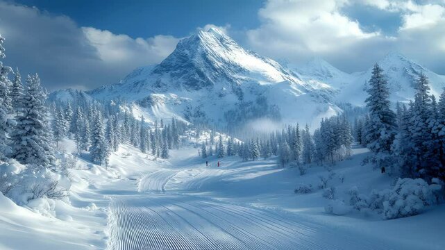 Majestic snow-covered mountain landscape with ski trails and evergreen trees, offering ideal conditions for skiing and winter sports enthusiasts