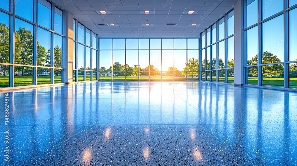 Poster light-filled space with large windows, view of trees