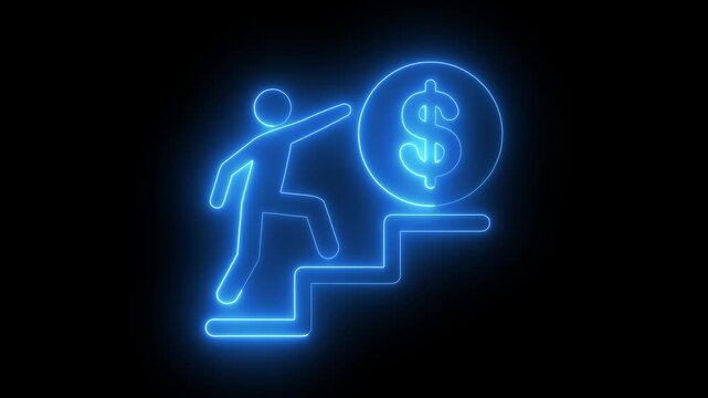 Neon icon of a person climbing stairs with a glowing neon effect animation on a black background motion grapic animation
