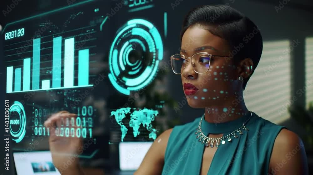 Poster businesswoman in teal dress interacting with transparent digital display in modern office with graph