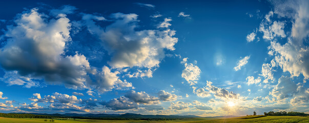 Panorama of Sky and Land: A captivating panoramic view showcases a brilliant blue sky dotted with fluffy clouds, casting a gentle glow over the vibrant green fields.