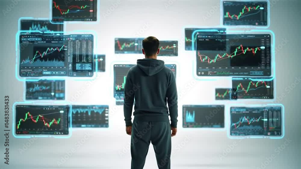 Poster man surrounded by floating stock charts analyzing market trends and financial data in light backgrou