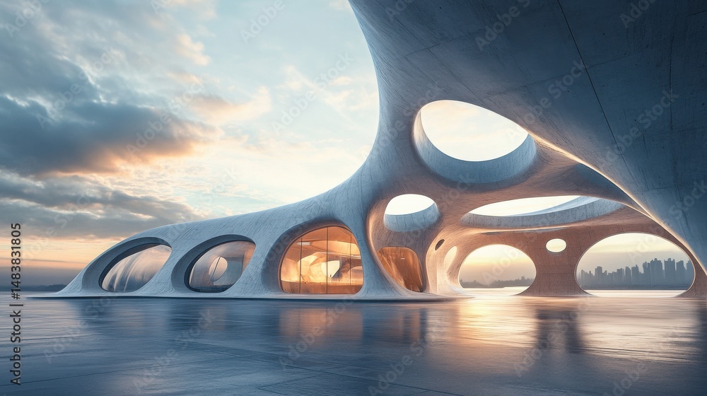 Poster architectural visualization of empty modern structure with open concrete ground, futuristic space