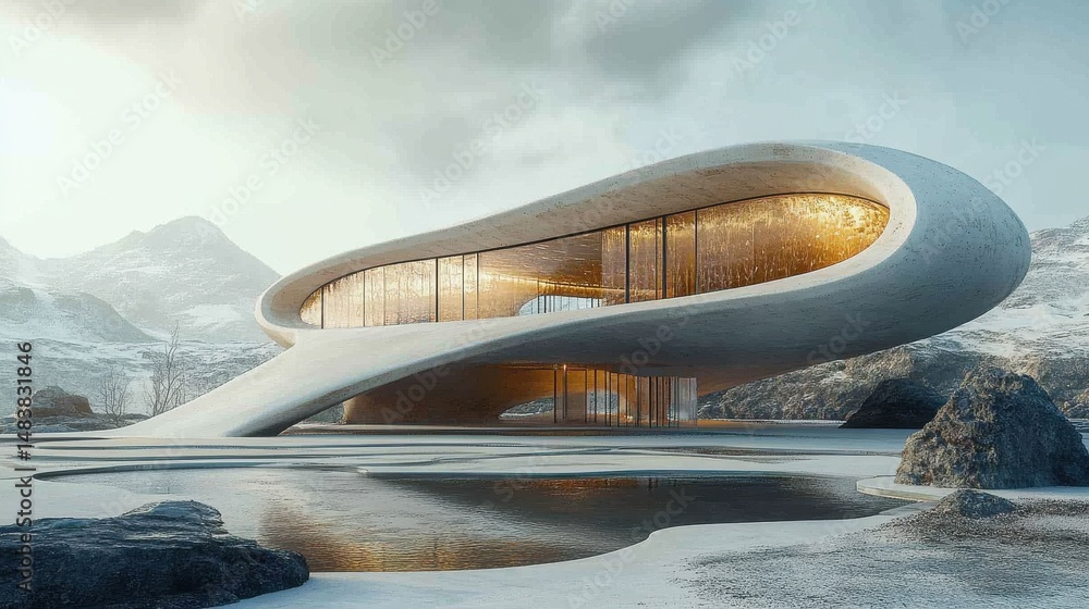 Poster architectural visualization of empty modern structure with open concrete ground, futuristic space