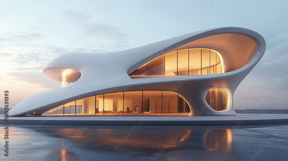 Poster architectural visualization of empty modern structure with open concrete ground, futuristic space