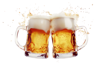 Two beer mugs clinking together, isolated on a transparent background. A white