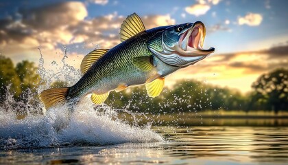 Fototapeta premium Bass Fish Jumping Out of Water at Sunset