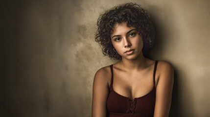 A young Hispanic teenage woman posing against a cement wall. Short wavy hair and a solemn but confident expression.